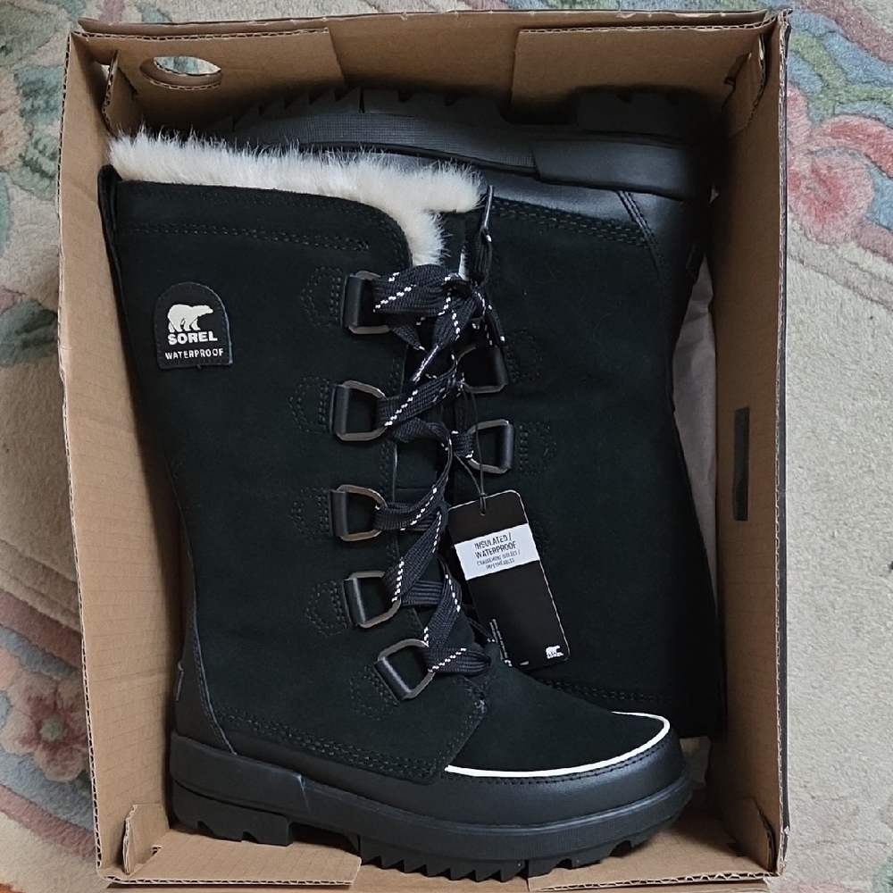 Sorel Tivoli IV Tall WP Waterproof Lace up Black Suede Boots with White Fur Trim